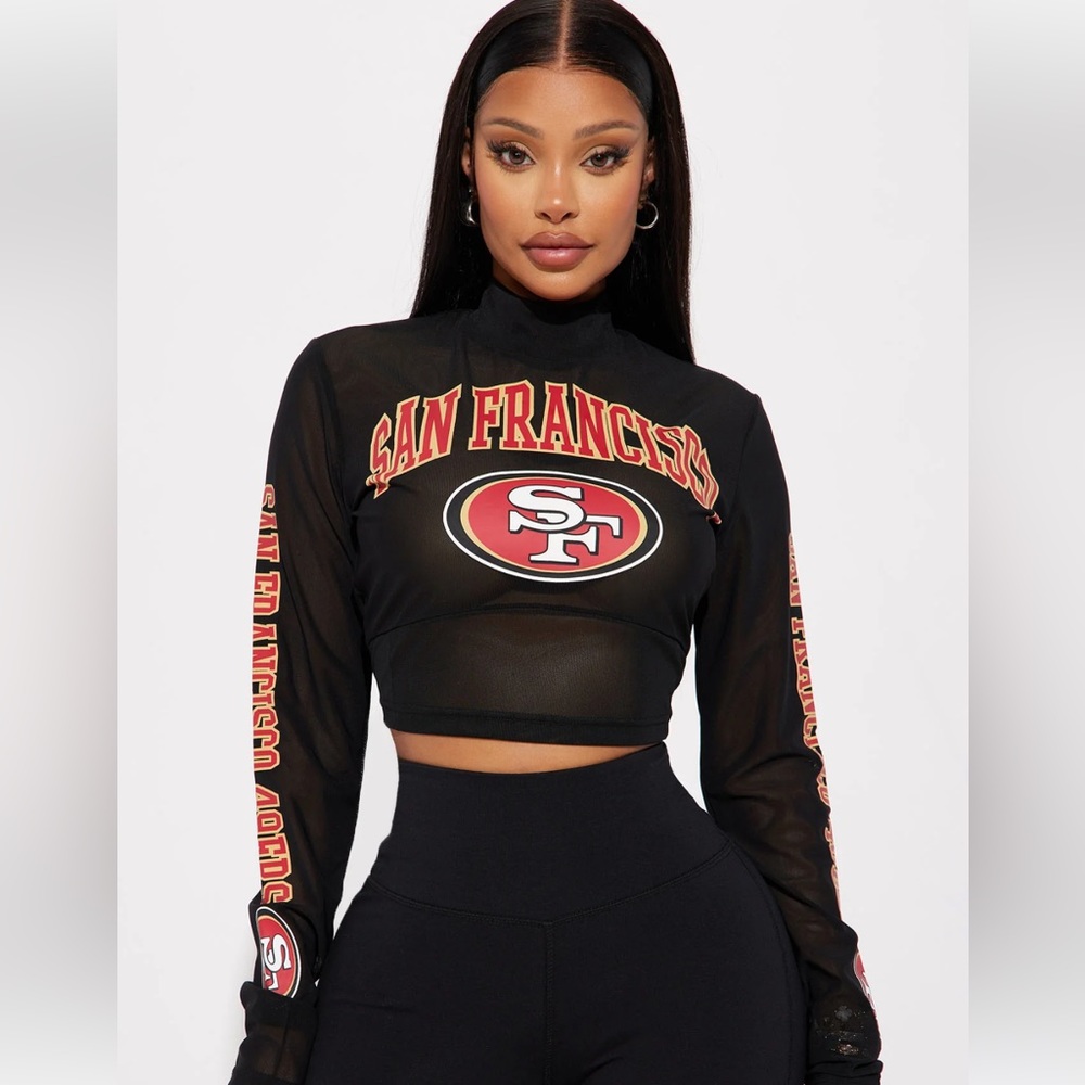FASHION NOVA 49ers Niners Mesh Crop Turtleneck Crop Top - NFL Half Time Top